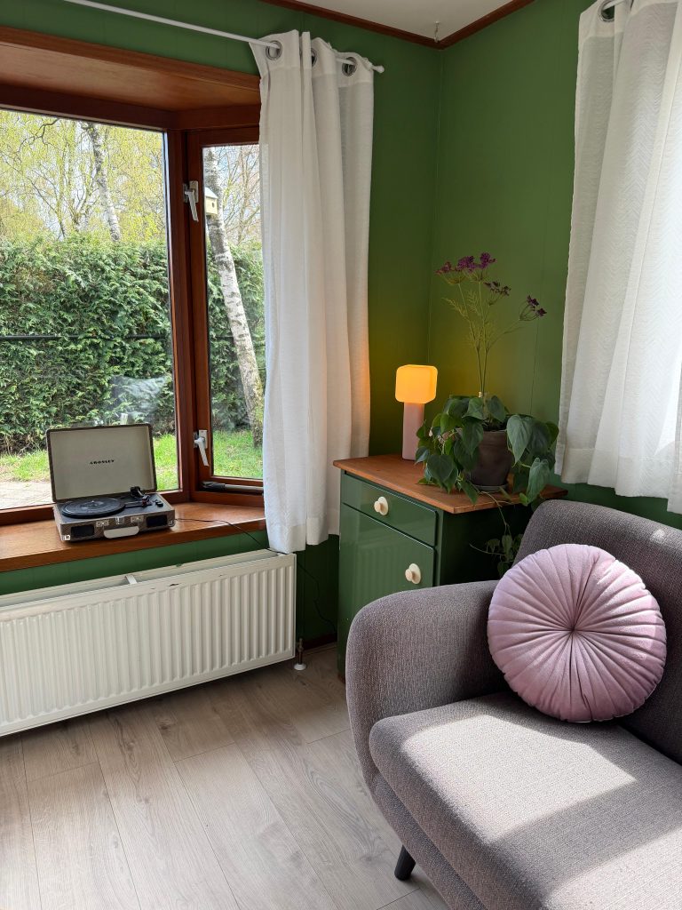 Leeshoek met platenspeler en kussen op de bank