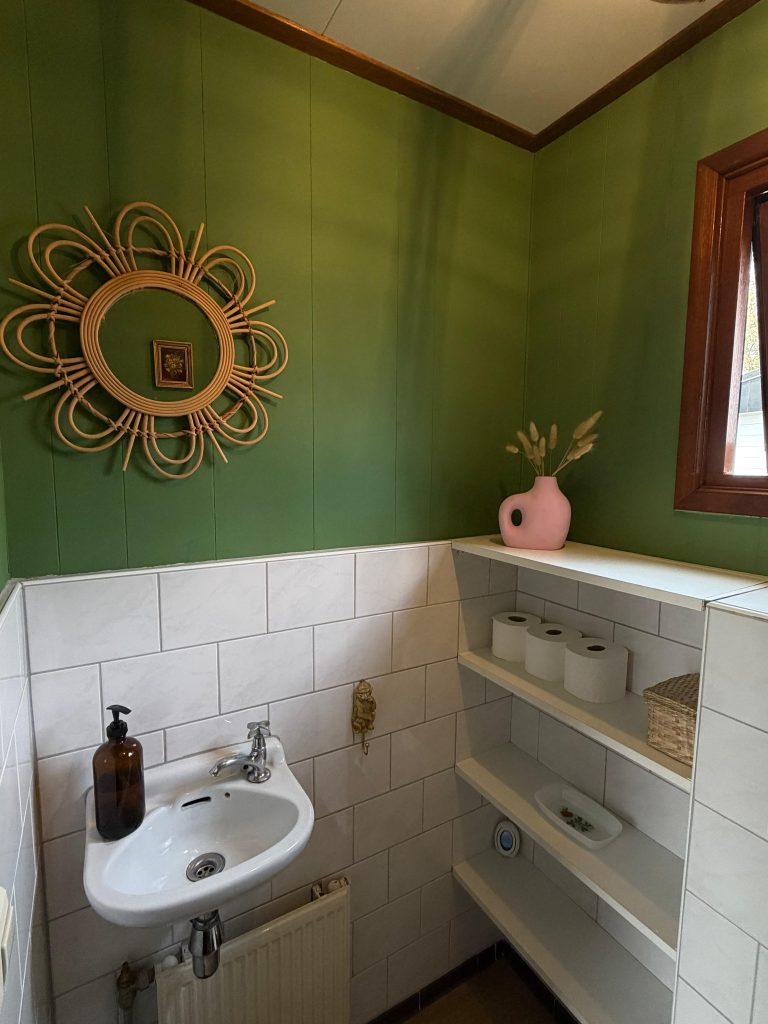 Badkamer met groene wand en rieten spiegel